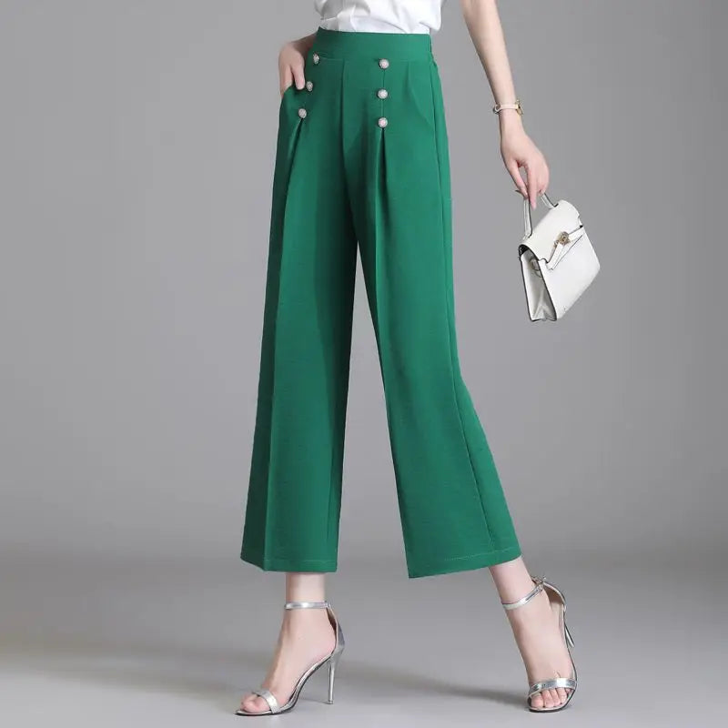 Women's Ice Silk Wide Leg Trousers with Button Pockets and Drape Style