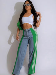 Women’s Striped Denim Loose Pants with Buttons and Pockets