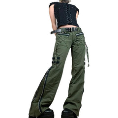 Women's Green Cargo Wide Leg Baggy Pants with Pockets and Zipper