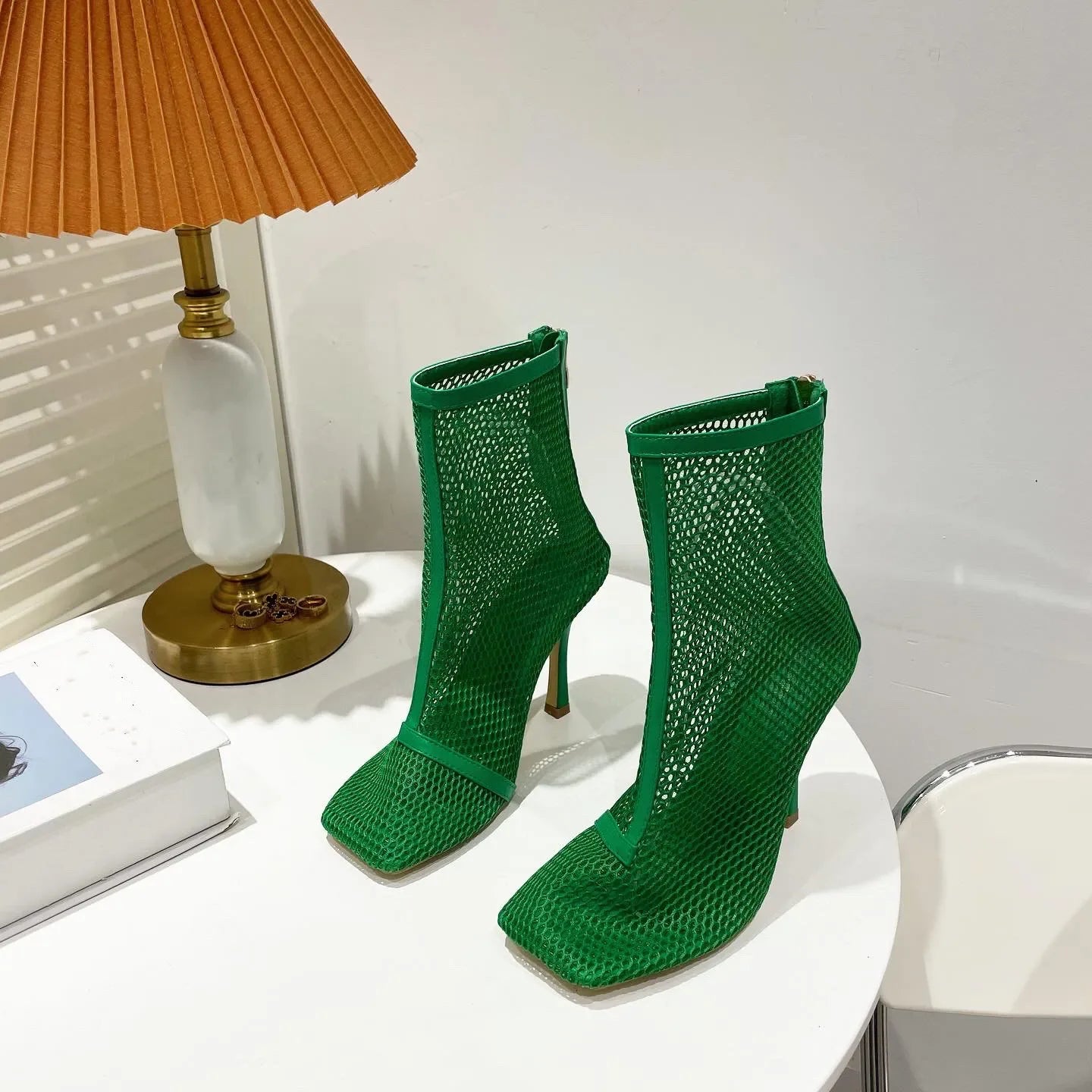 Women’s Green High Heel Ankle Boots with Mesh Zipper Detail