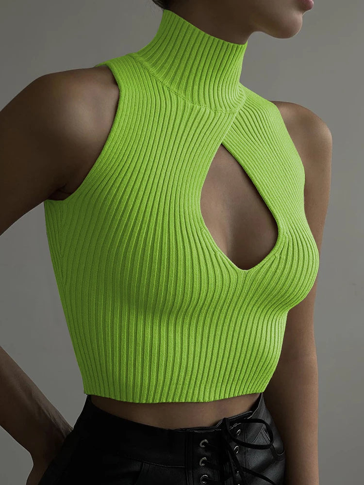 Cut-Out Knitted Tank Top – Sleeveless Turtleneck Clubwear