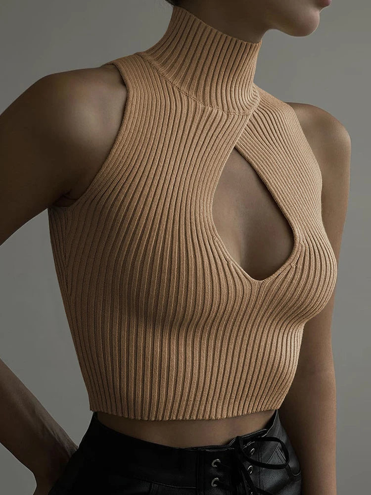 Cut-Out Knitted Tank Top – Sleeveless Turtleneck Clubwear