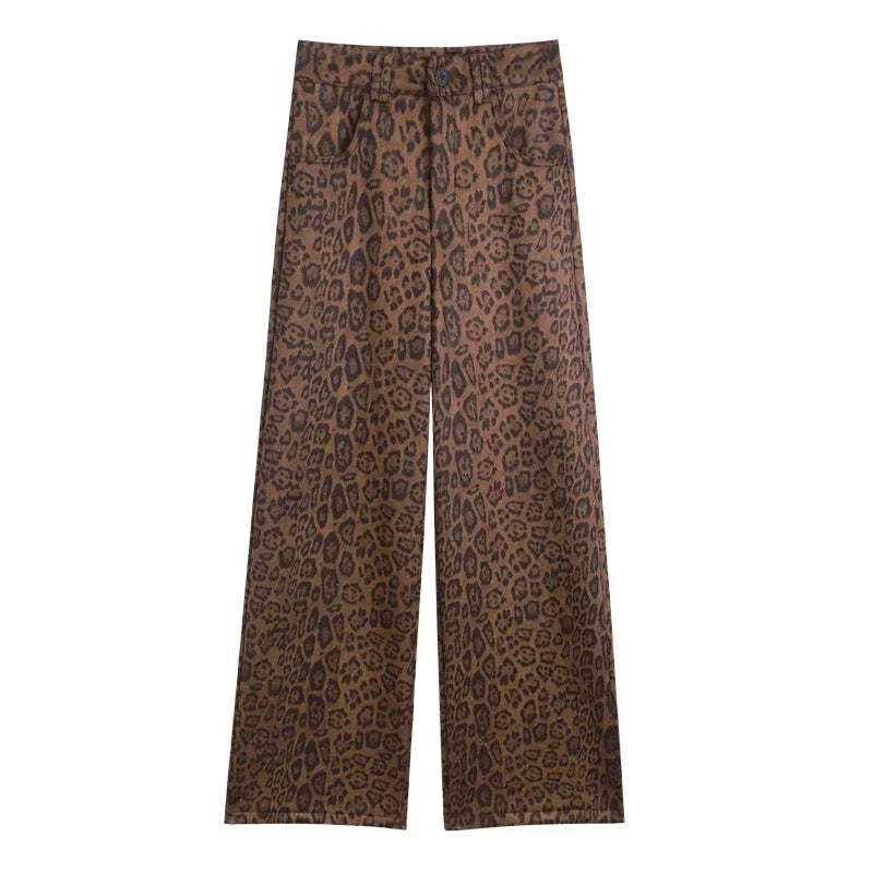 Women's Fashion Leopard Print Wide Leg High Waist Pants