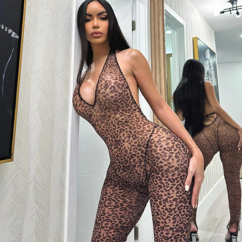 Leopard Print V Neck Backless Halter Bodycon Jumpsuit Outfit