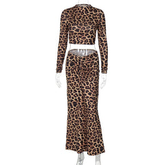 Leopard Print Two Piece Set for Women Long Sleeve Crop Top and Skirt