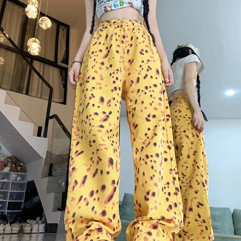 Personalized Yellow Leopard Print Wide-Leg Jeans for Women