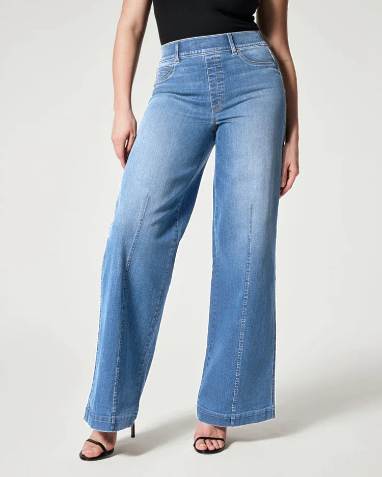 Women's High Stretch Mid Waist Denim Wide Leg Pants Casual Trousers