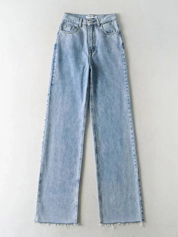 Jean ample taille haute en denim à jambe droite pour femme