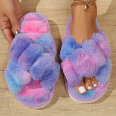 Women's Colorful Fluffy Plush Slippers with Cross Band Design