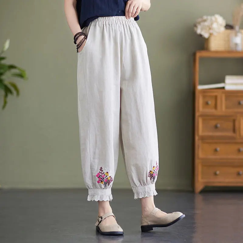 Spring and Summer Women's Spliced High Waist Cotton Hemp Halen Pants