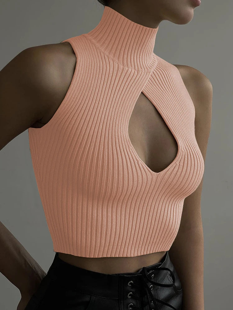 Cut-Out Knitted Tank Top – Sleeveless Turtleneck Clubwear