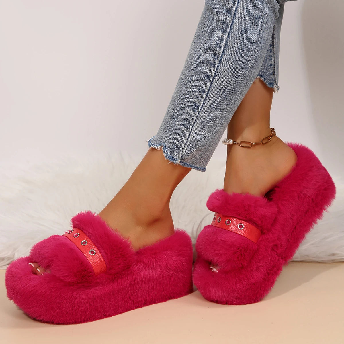 Winter Red Fluffy Wedge Slippers for Women with Cozy Comfort