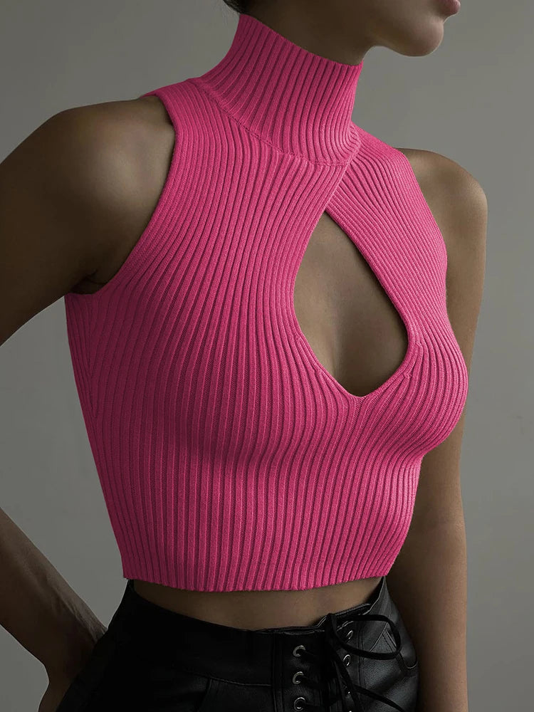 Cut-Out Knitted Tank Top – Sleeveless Turtleneck Clubwear