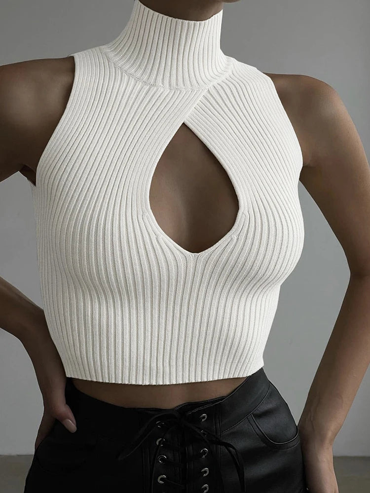 Cut-Out Knitted Tank Top – Sleeveless Turtleneck Clubwear