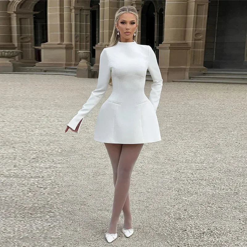 Long-Sleeve Mini Dress with High Neckline and Flared Hem